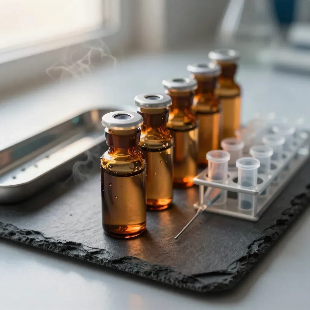Amber vials, pipette tips, and a microtube rack arranged diagonally on brushed slate.