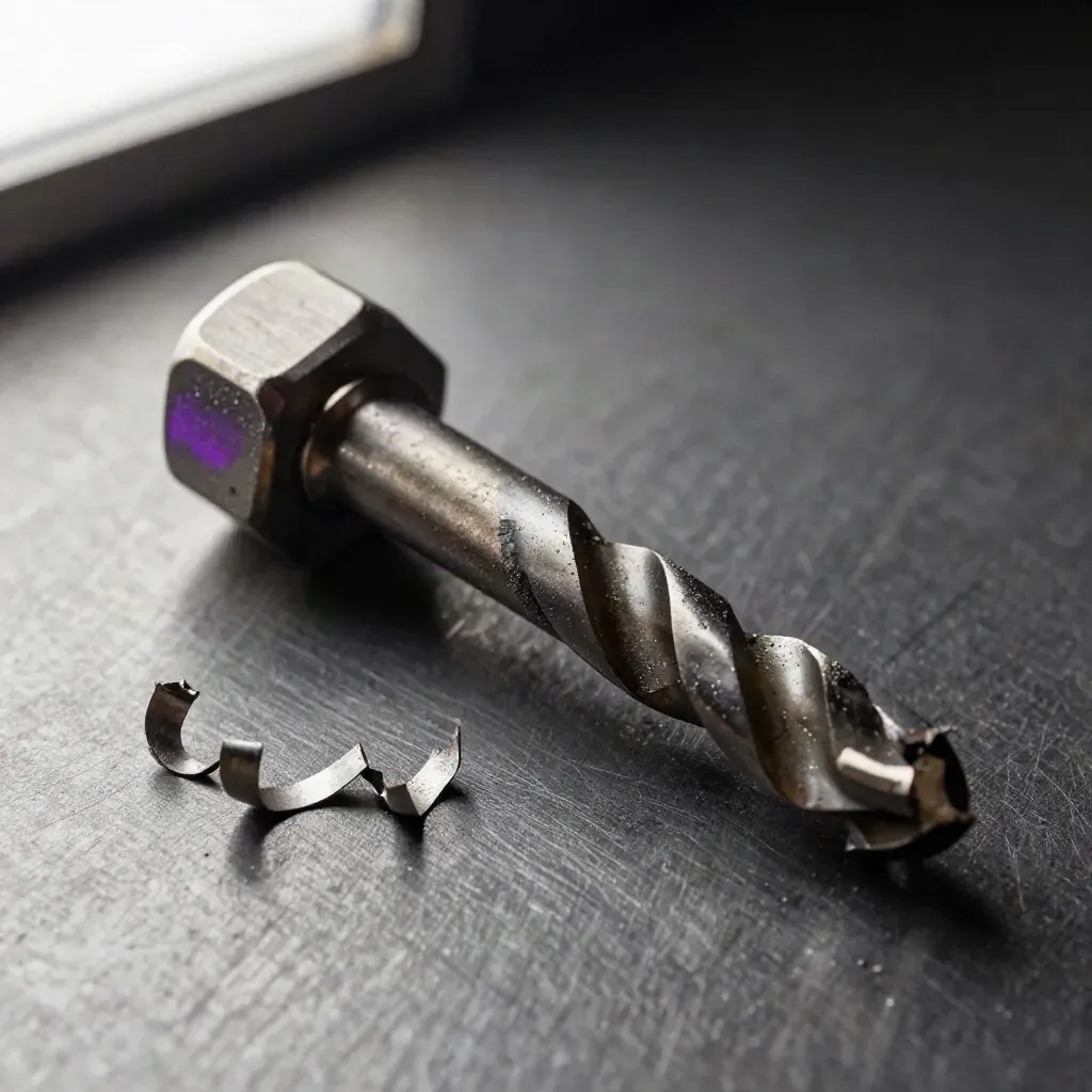 Macro of a tungsten drill bit, steel shavings, and hex collar on dark brushed metal