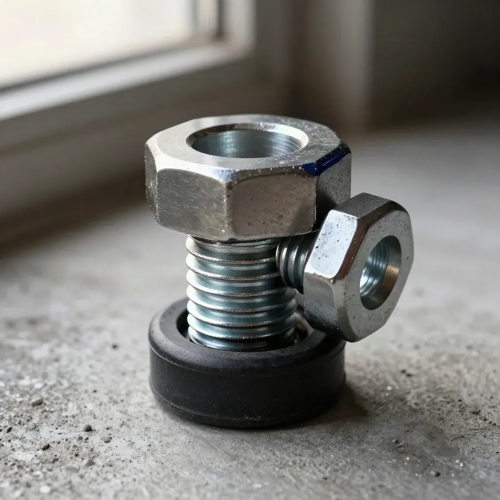 Rail coupler pin, fasteners, and rubber spacer on worn concrete
