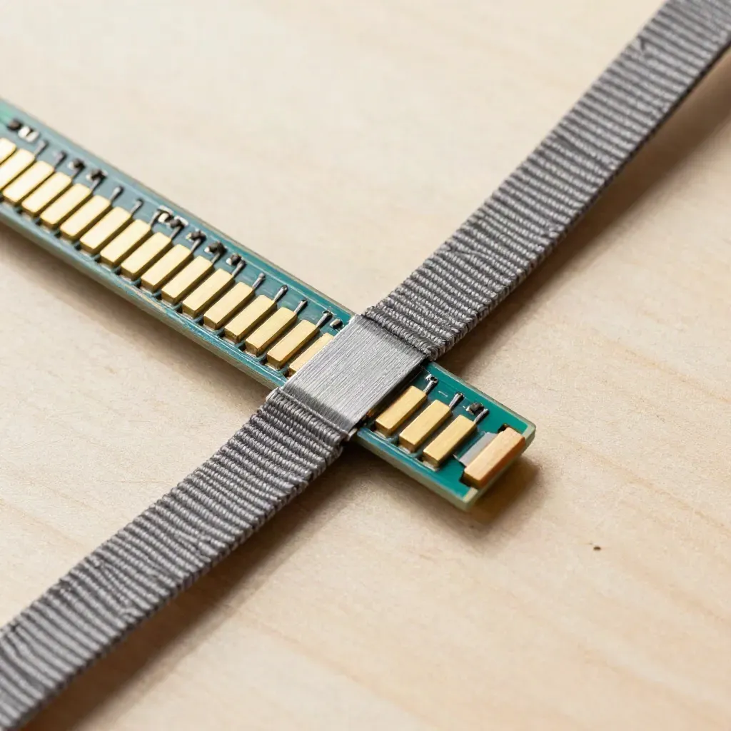 Overhead still life of a circuit board edge with gold fingers, standoffs and grounding strap on pale wood.