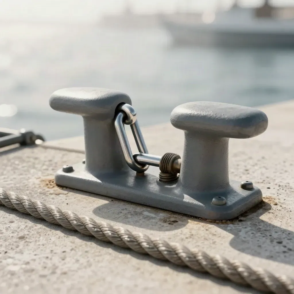 Open rigging shackle, deck cleat, rope coil and cable gland on pale stone in sea mist.
