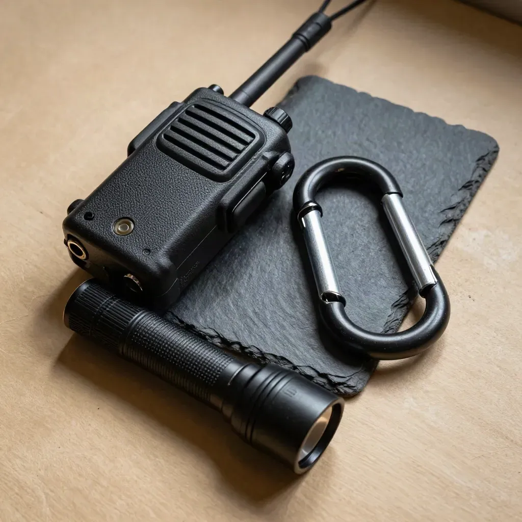 Top-down field radio kit: battery, caps, flashlight, and carabiner on warm plaster.