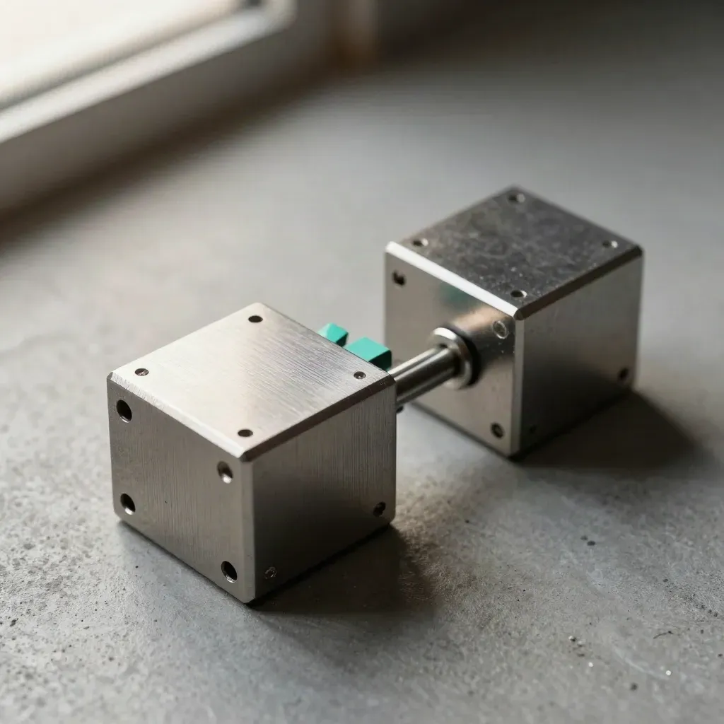 Brushed-metal relay blocks with alignment pin and two cable clips on matte concrete.