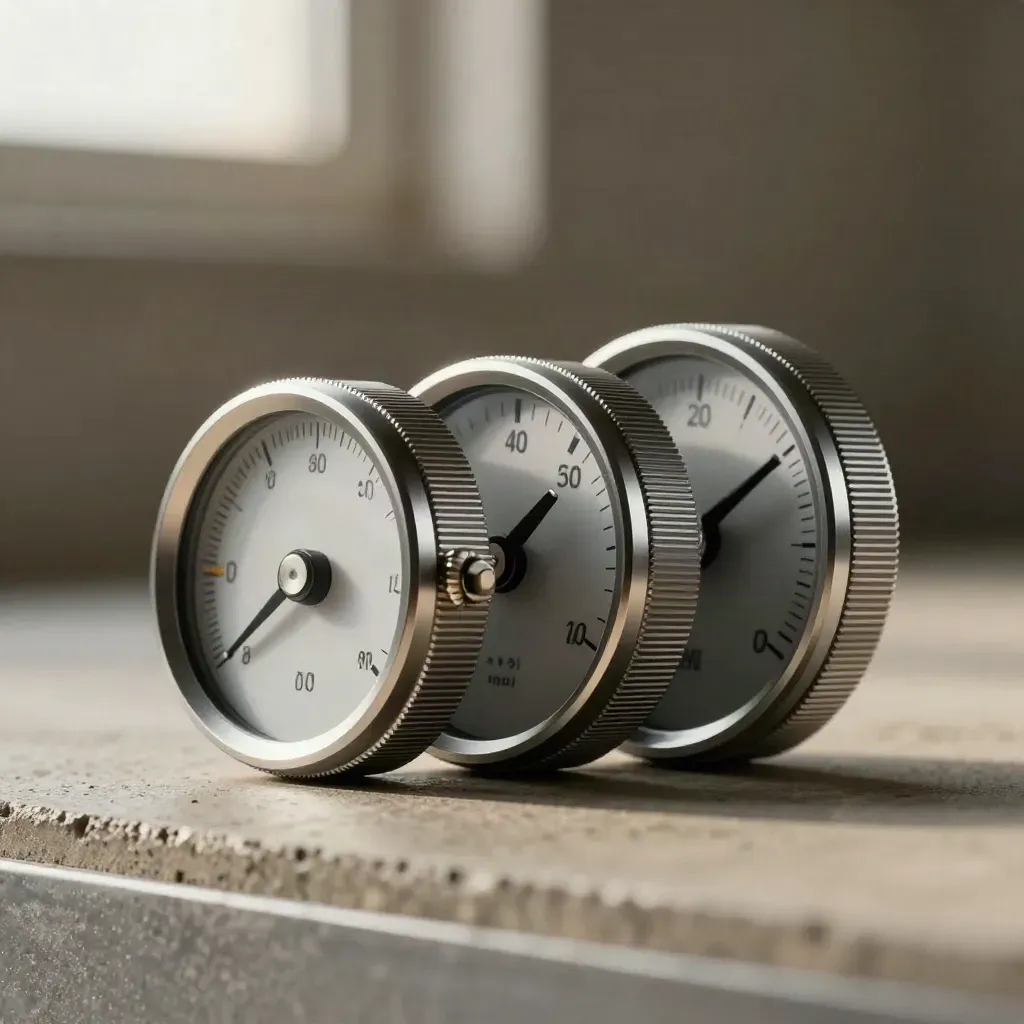 Macro of three brushed-silver gauge rings and a knurled control pod on graphite concrete.