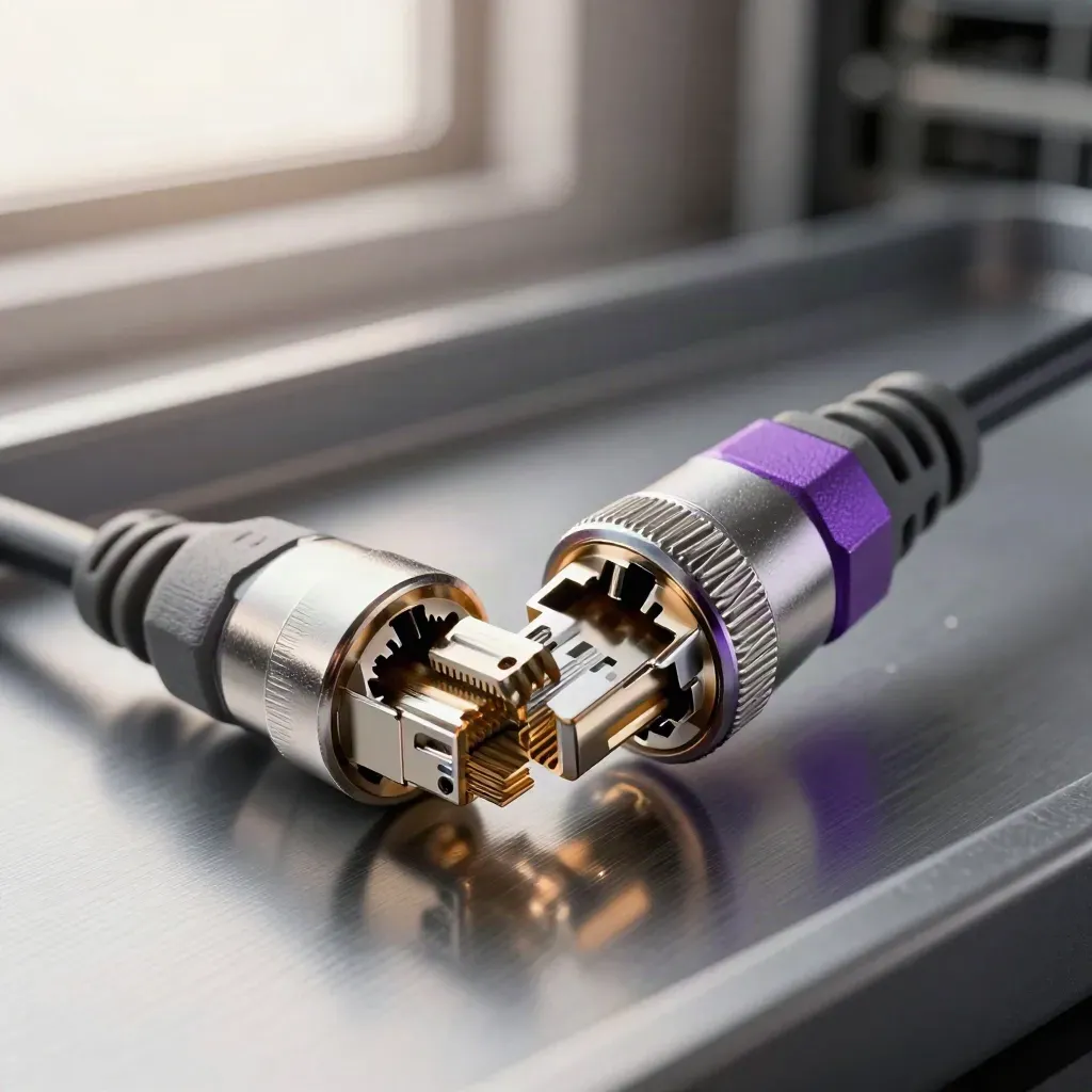 Extreme macro of half-latched cable couplers, RJ45 plug and metal collar on brushed steel.
