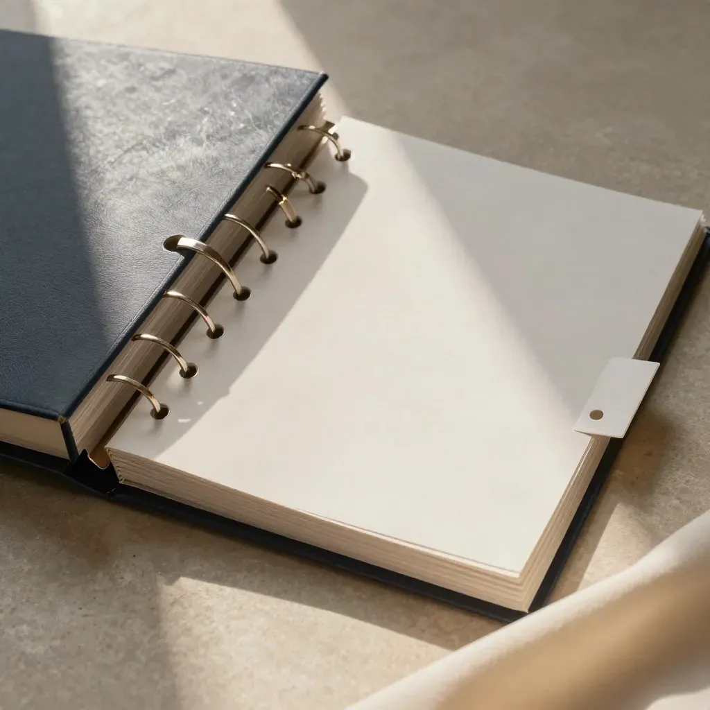 Open archival binder with acetate dividers and summary tabs on stone, top-down.