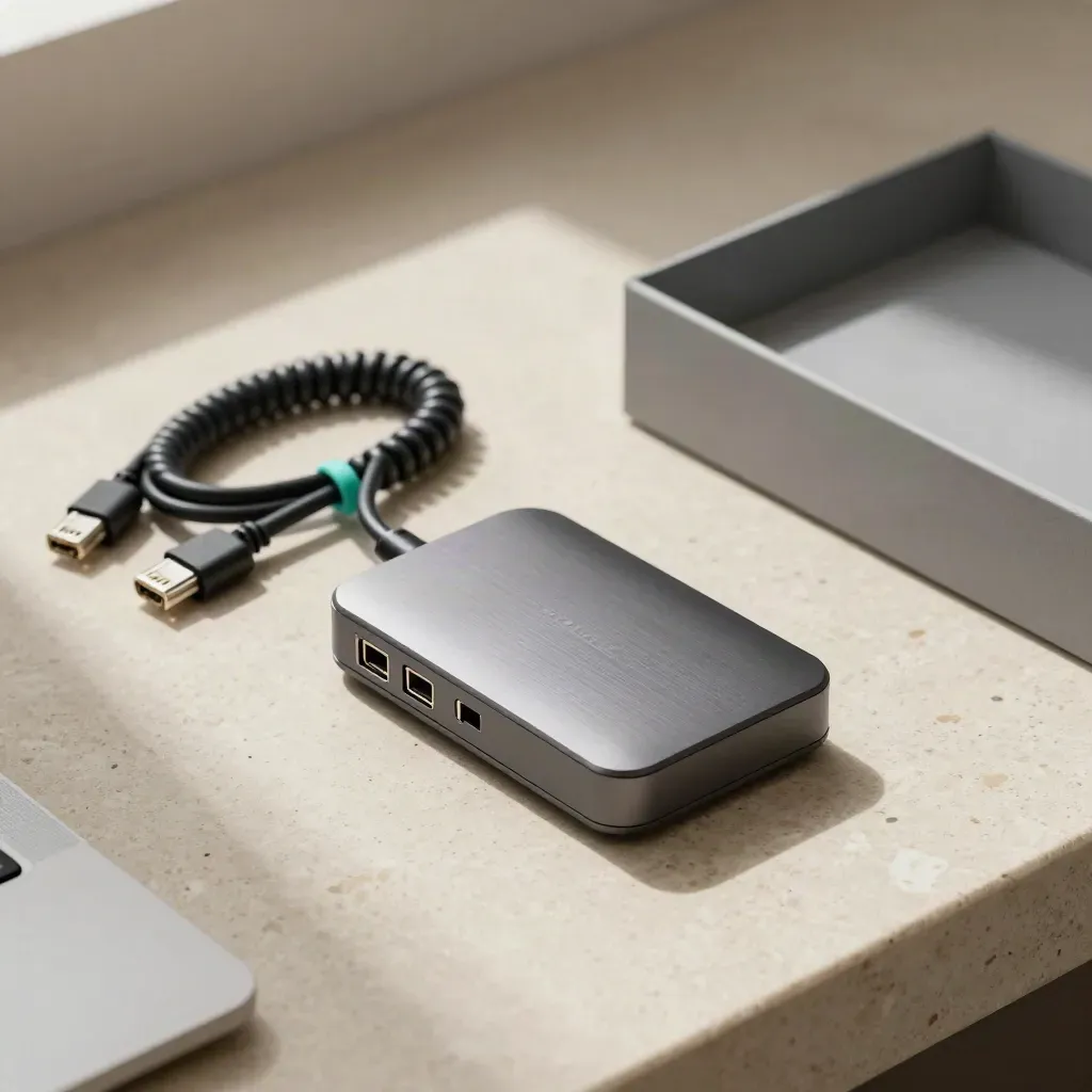 Network hub, access key, ethernet lead, and setup box insert on a stone workbench