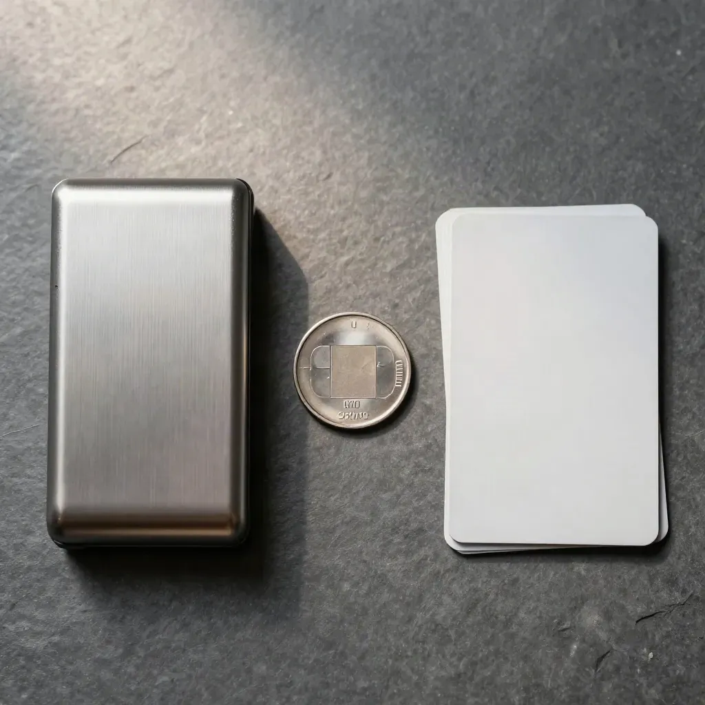 Top-down macro of a card reader, token, and face-down payment cards on graphite stone.