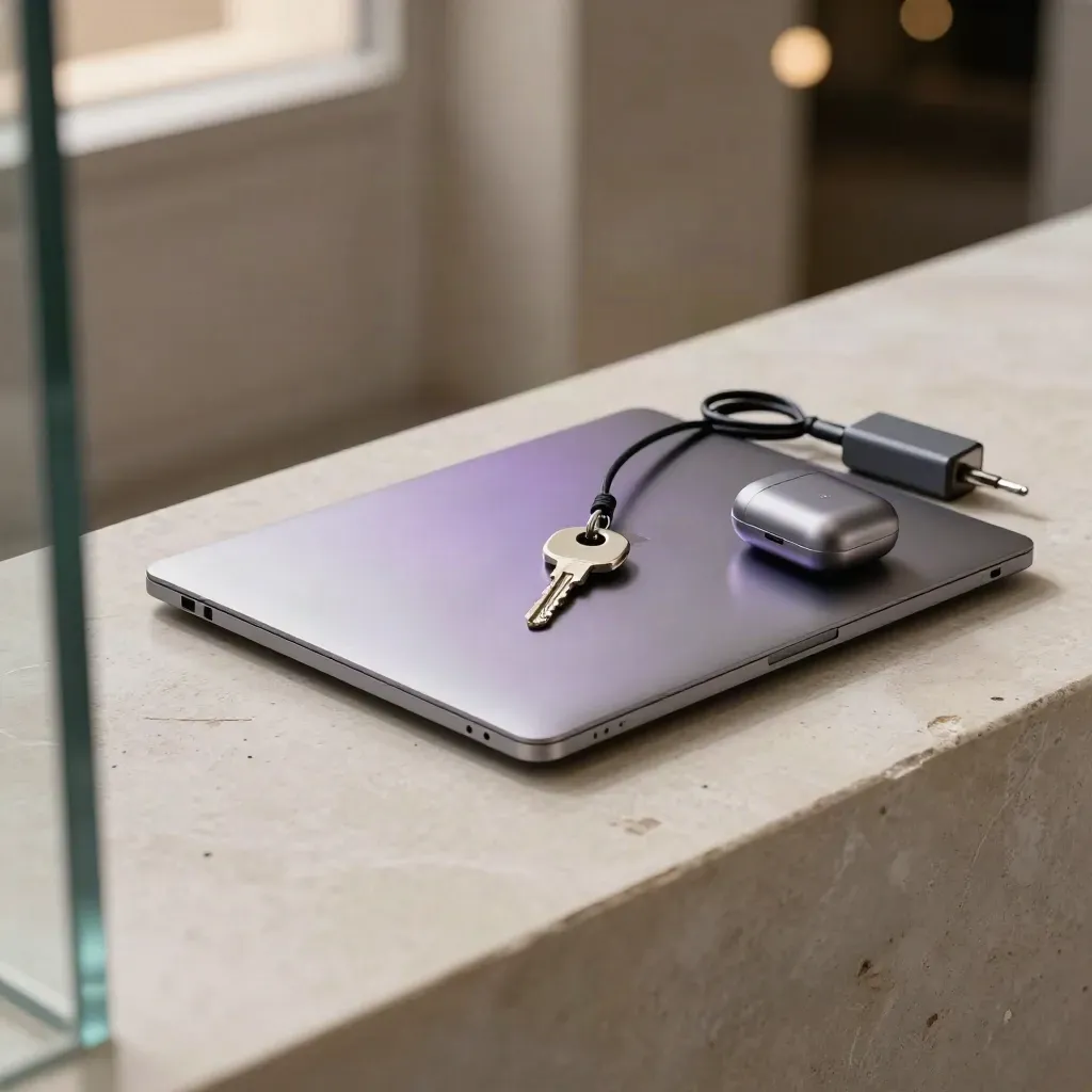 Closed laptop kit with security key, headset case, and charger on stone, seen through glass.