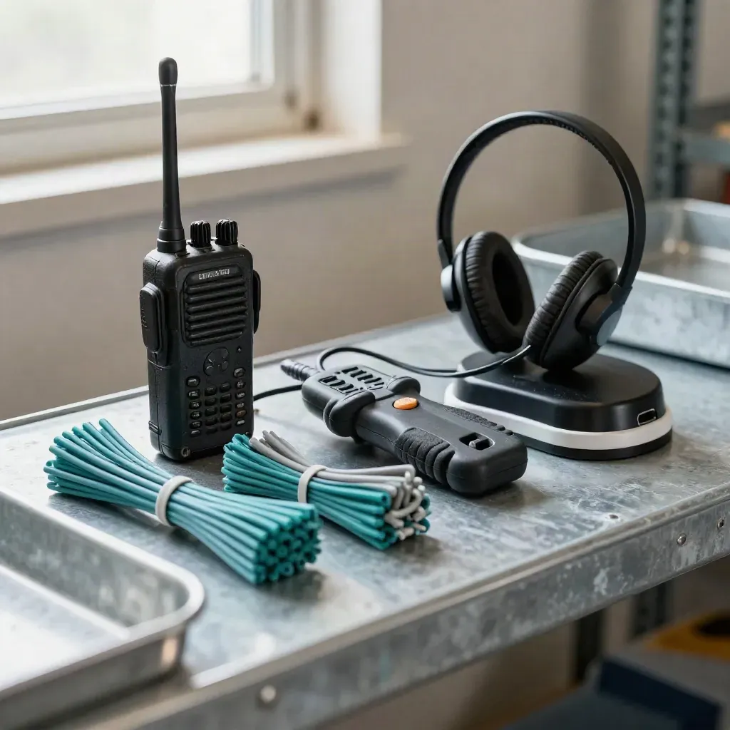 Dispatch radio, cable tester, headset base and cable ties on a warehouse shelf, seen through mesh.