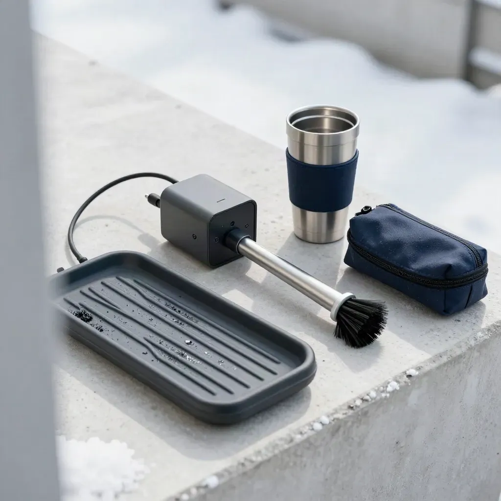 Winter entry still life with adapter, snow brush, travel mug, cable pouch, and boot tray
