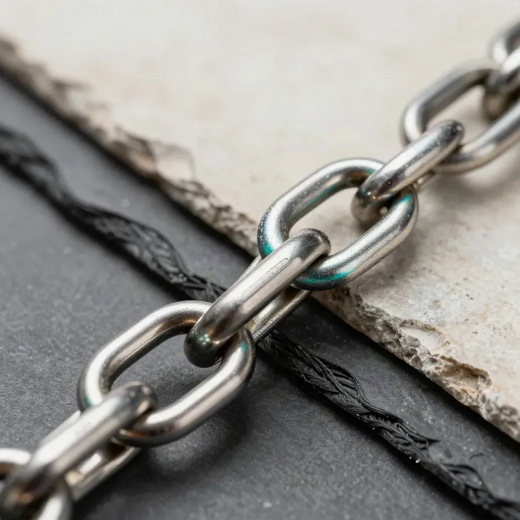Macro of linked metal rings, spring clasp, and braided cable on dark stone with teal accent.