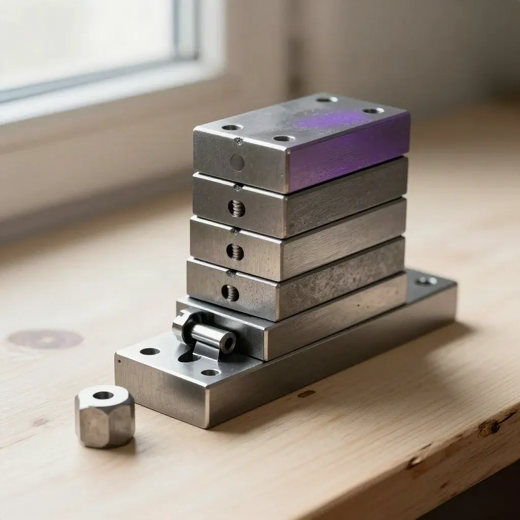 Graphite modular blocks and metal standoffs stacked on pale wood under dramatic light.