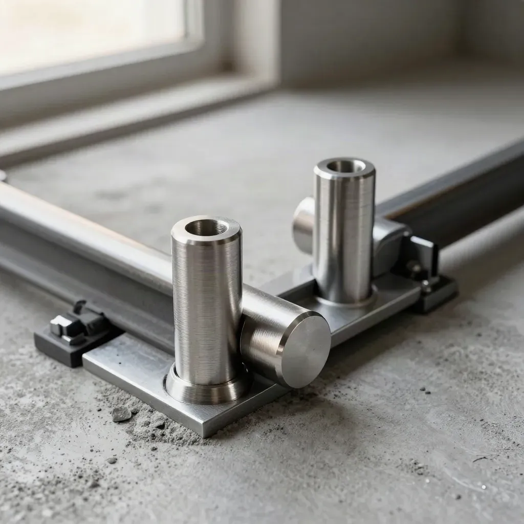 Brushed steel guide pins and rail channel on concrete, lit by a soft upper-left raking light.