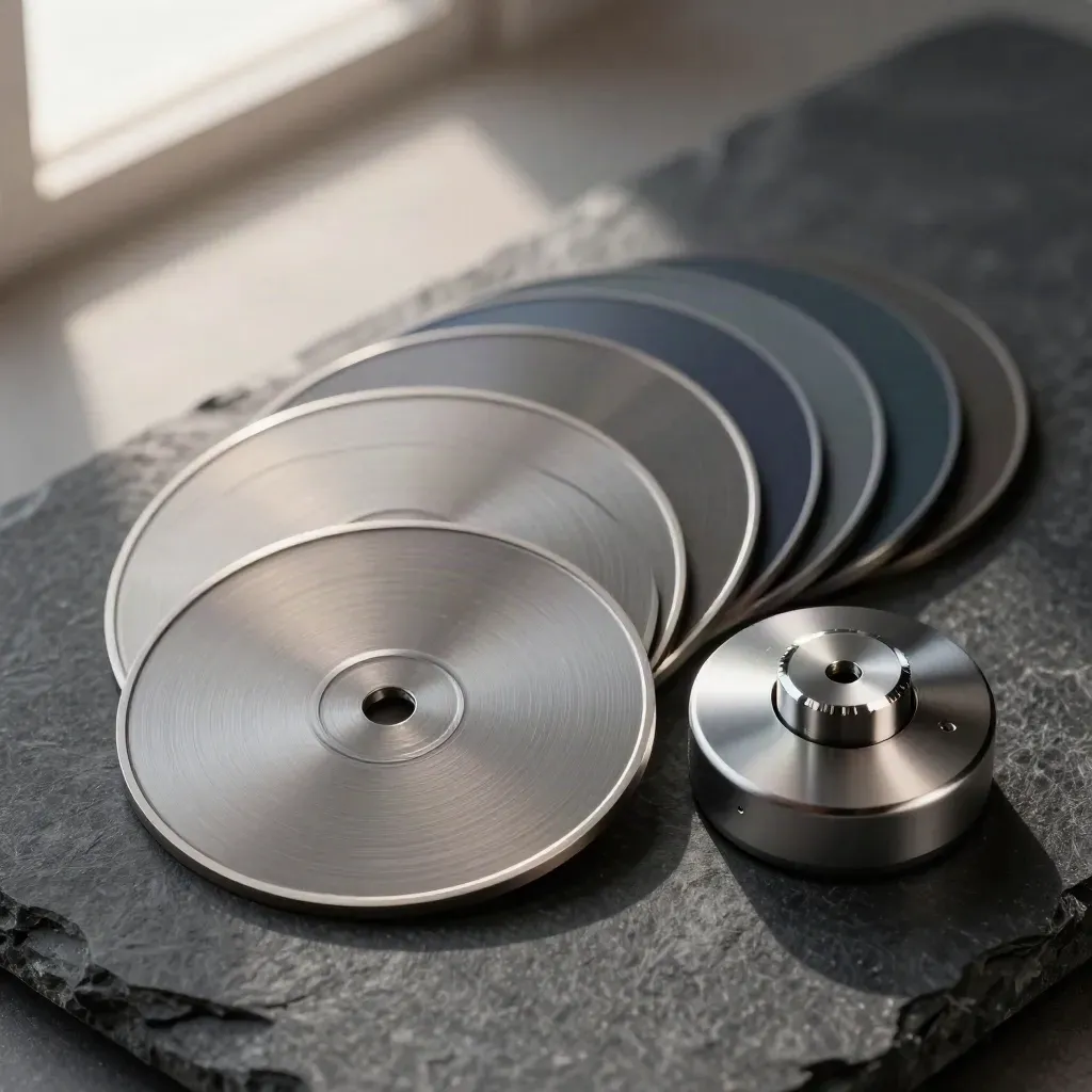 Graphite token discs fan around a metal reader base on dark stone.