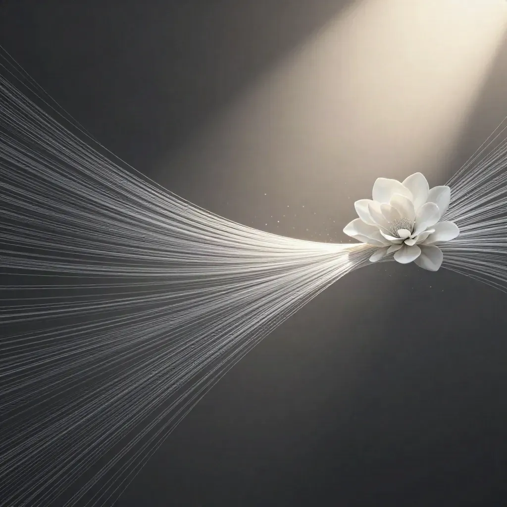 Silver light filaments converging into a soft bloom in dark graphite space.